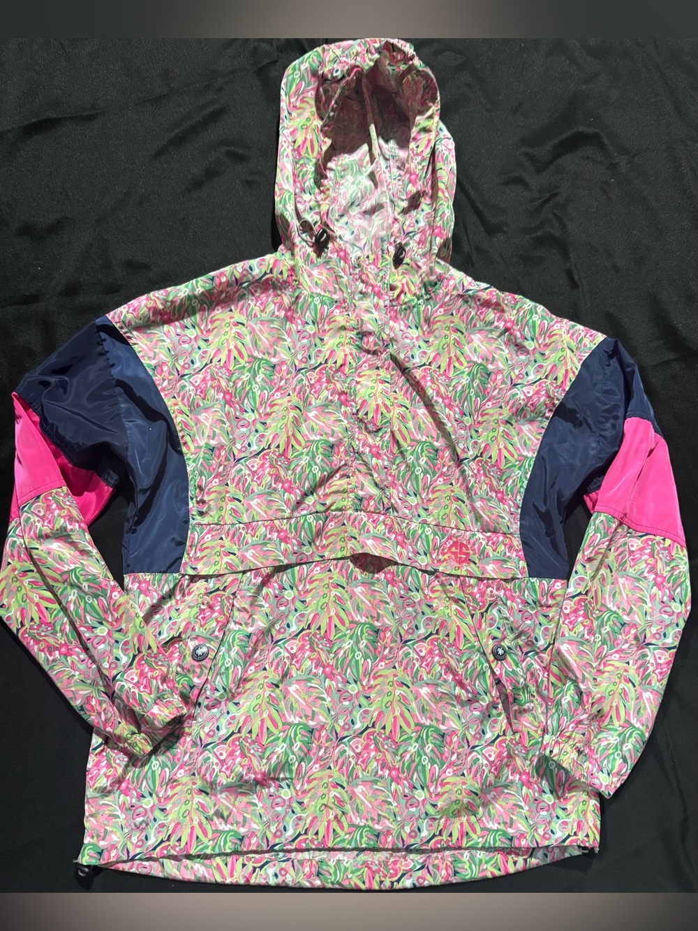 Simply Southern Pink Green Floral Hooded Anorak with Navy & Hot Pink Accents